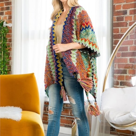 FALL VIBES KNIT ZIGZAG PATTERN TASSEL DETAILED KIMONO MULTI COLOR - Picture 3 of 7